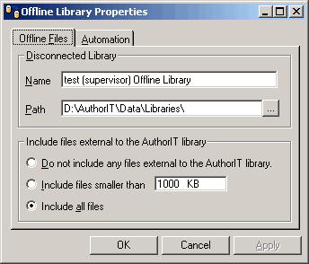 - Окно Offline Library Properties
